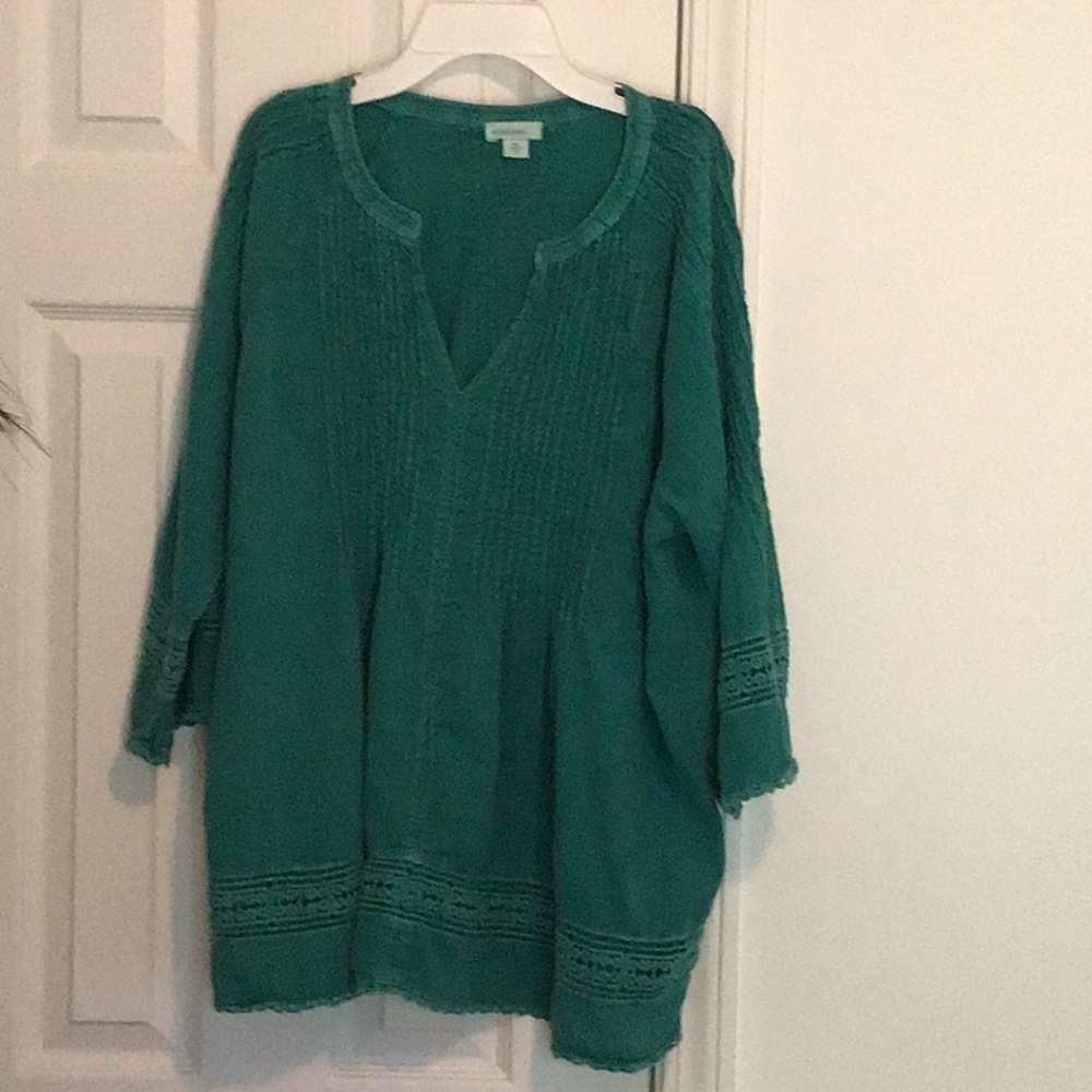 Tunic by Sundance in teal with crochet trim on sleeves and bottom. Size XL